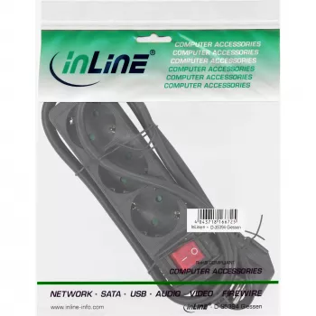 InLine jatkojohto, 3-osainen suojakosketin CEE 7/3, kytkimellä, musta, 5 m