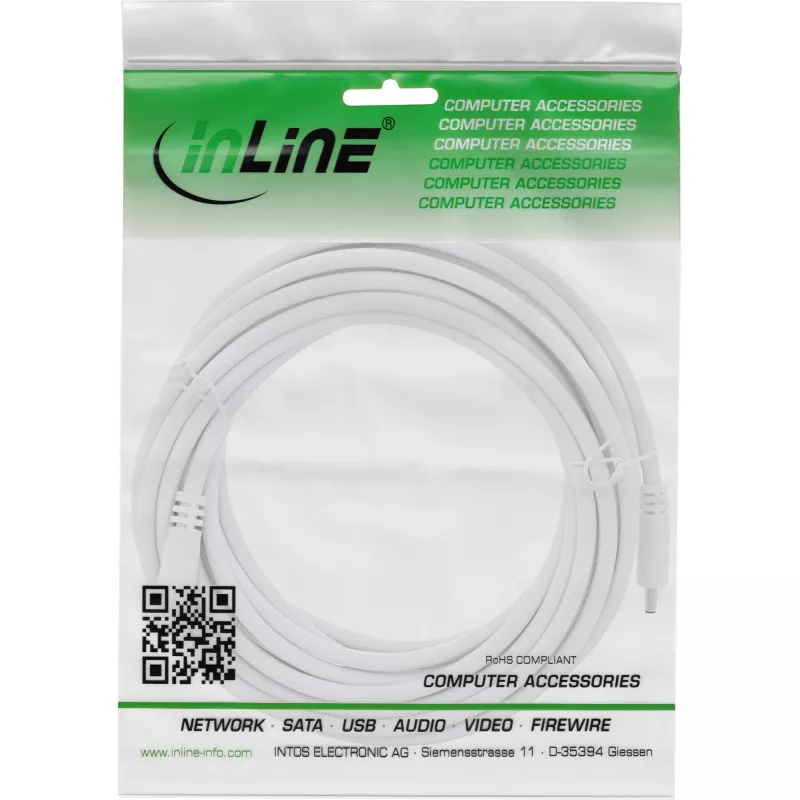 InLine DC-jatkokaapeli, DC-uros/naaras 3,5x1,35 mm, AWG 18, valkoinen 5 m