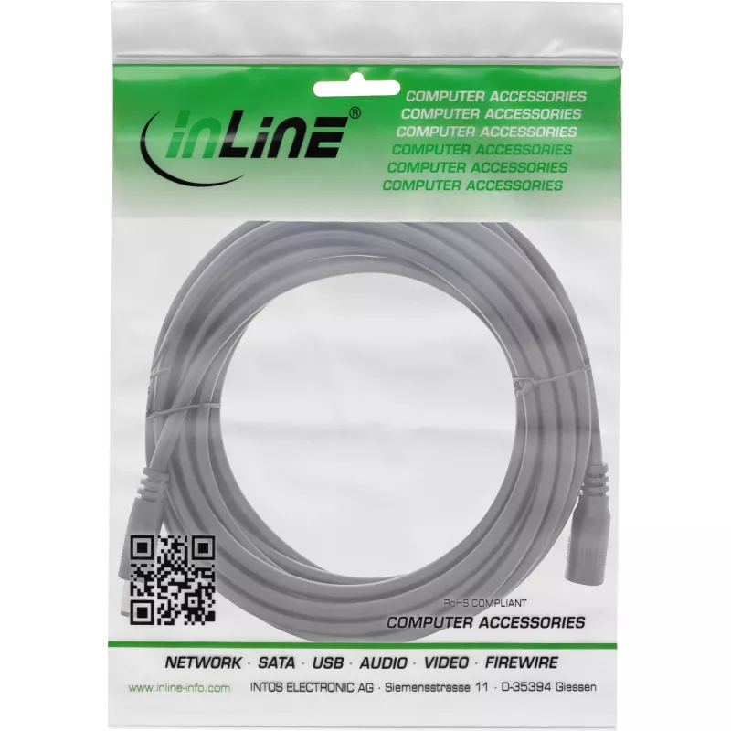 InLine DC-jatkojohto, DC-pistoke/liitin 5,5x2,5 mm, AWG 18, musta 5 m