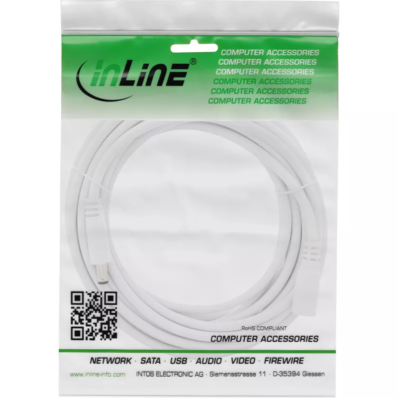 InLine DC-jatkojohto, DC-pistoke/liitin 5,5x2,5 mm, AWG 18, valkoinen 5 m