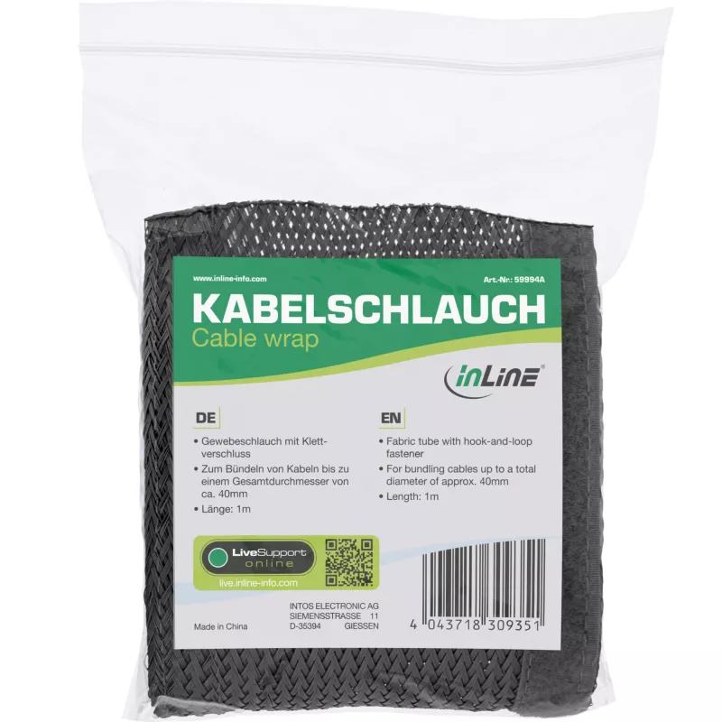 Kaapelipunos InLine kangaspunos tarranauhakiinnityksellä 1 m × 25 mm, musta