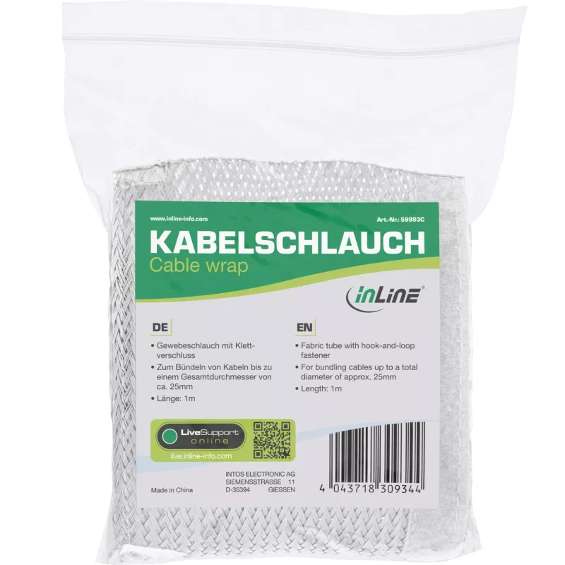 Kaapelinsuojus InLine 1 m × 25 mm, kangassukka tarranauhalla, valkoinen