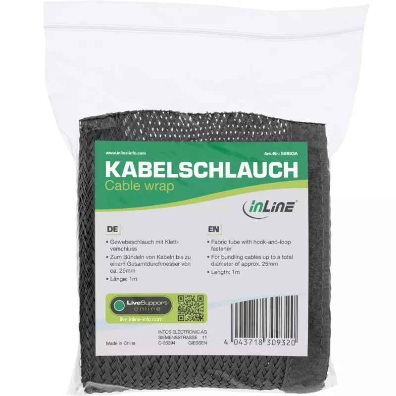 Kaapelikanavan suojus InLine 59993A — tekstiilisukka tarranauhalla, 1 m × 25 mm, musta