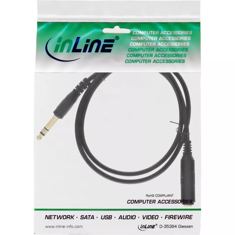 InLine kuulokejatkokaapeli 6,3 mm klinkki stereo pistoke/rasia, kullattu, musta, 5 m