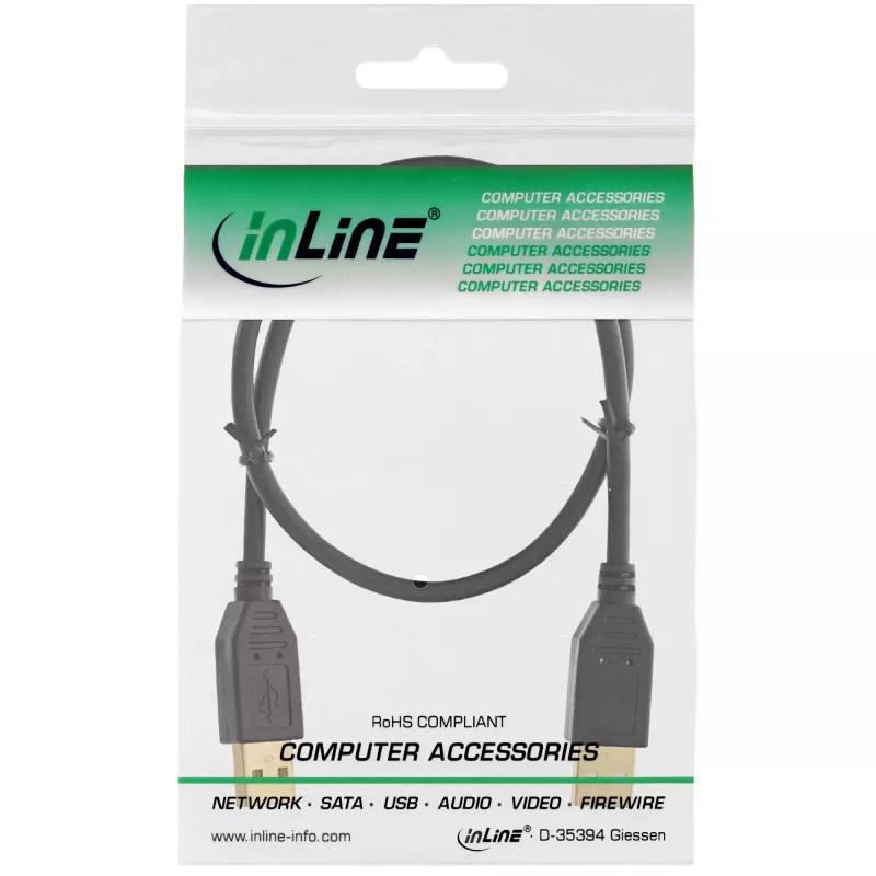 InLine USB 2.0 -kaapeli, AM/AM, musta, kultapinnoitetut kontaktit, 1 m