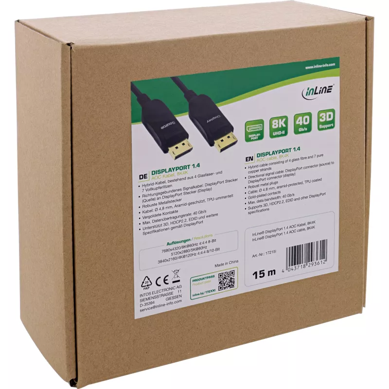InLine DisplayPort 1.4 AOC -kaapeli, 8K4K, musta, 15 m
