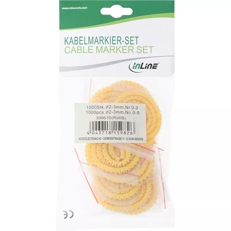 InLine kaapelimerkkirenkaat 5,2–10 mm, numerot 0–9, 1 000 kpl, keltainen