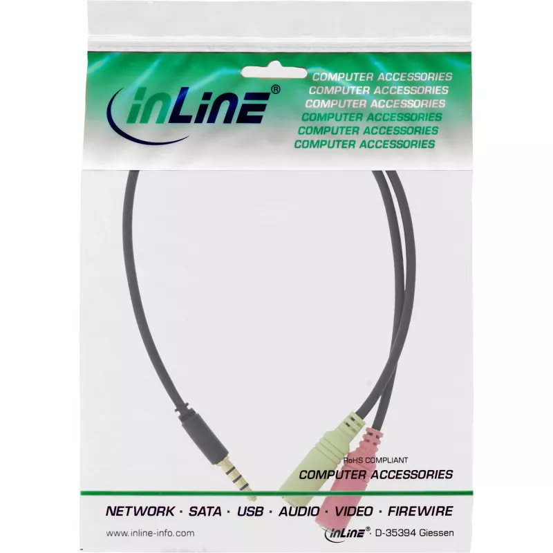 InLine audio-headset-adapterikaapeli 3,5 mm pistoke 4-napainen / 2x 3,5 mm, musta, 0,15 m