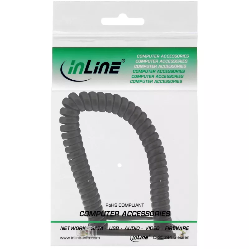 InLine spiraalikaapeli RJ10 suoraan kytketty pistoke / pistoke, musta, jopa 4 m