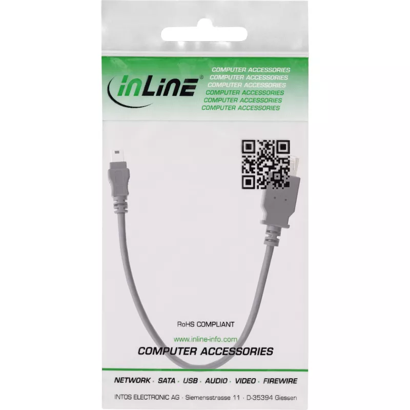 InLine USB 2.0 -kaapeli, pistorasia A / Mini-5-pin-pistoke, 0,2 m, 0,2 m, Mini-USB B, USB A, USB 2.0, pistoke/pistorasia, musta