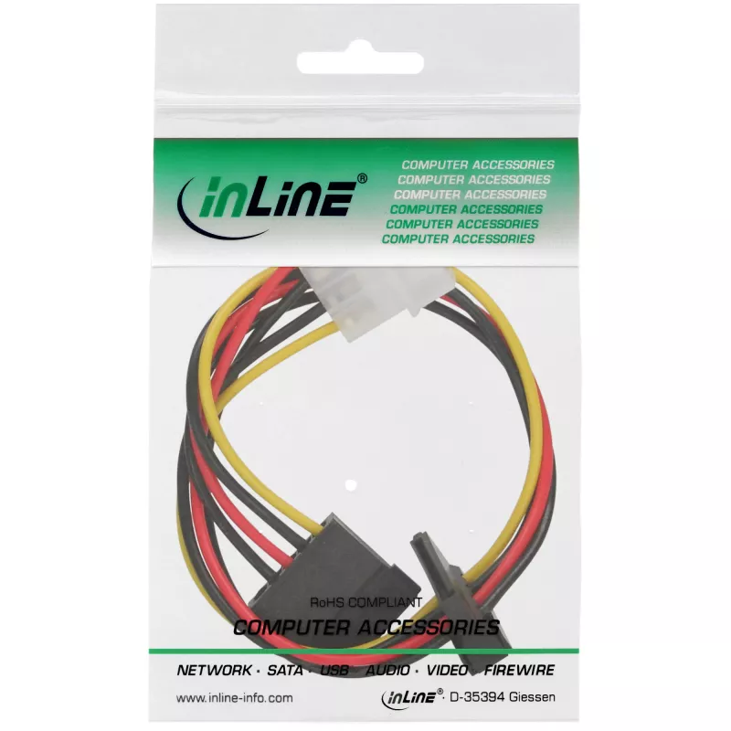 InLine sisäinen virtakaapeli 1x 4-napainen Molex / 2x SATA virta 0,30 m