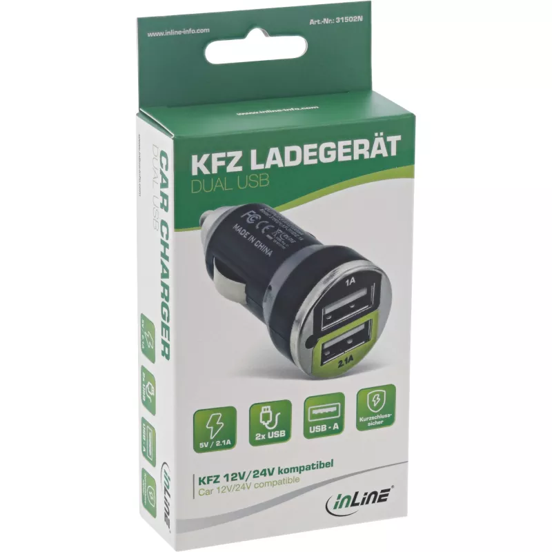 InLine USB-autolaturi + verkkolaite jokaiseen USB-laitteeseen 12/24V 5V DC/2,1A
