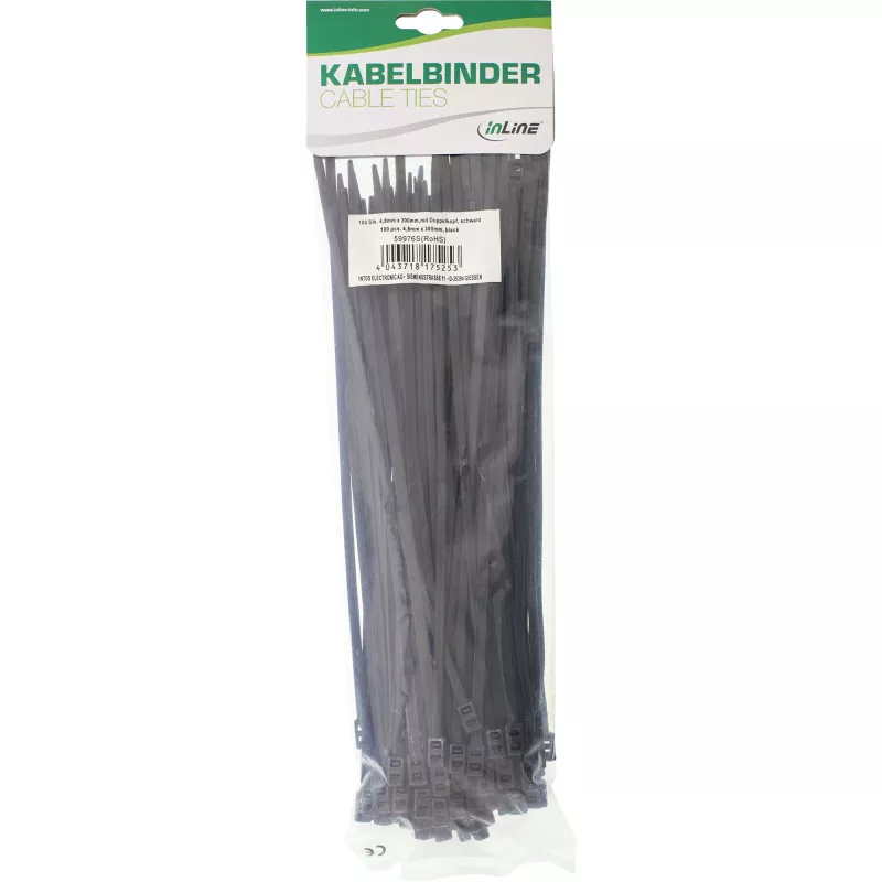 InLine asennettavat kaksipäiset kaapelikiinnikkeet 300 mm x 4,8 mm, nailon, musta, 100 kpl