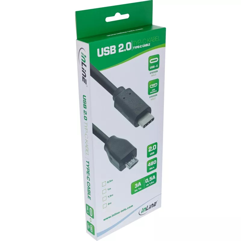 InLine USB 2.0 -kaapeli, USB-C-uros / Micro-B-uros, musta, 1 m