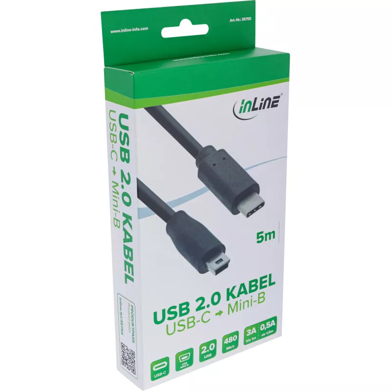InLine USB 2.0 -kaapeli, USB-C-uros / Mini-B-uros (5-napainen), musta, 5 m