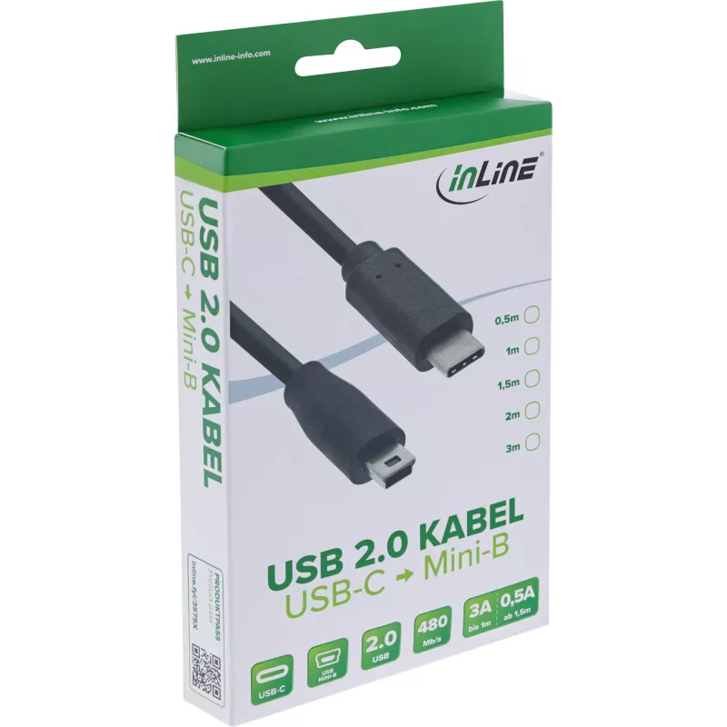 InLine USB 2.0 -kaapeli, USB-C-uros / Mini-B-uros (5-napainen), musta, 3 m