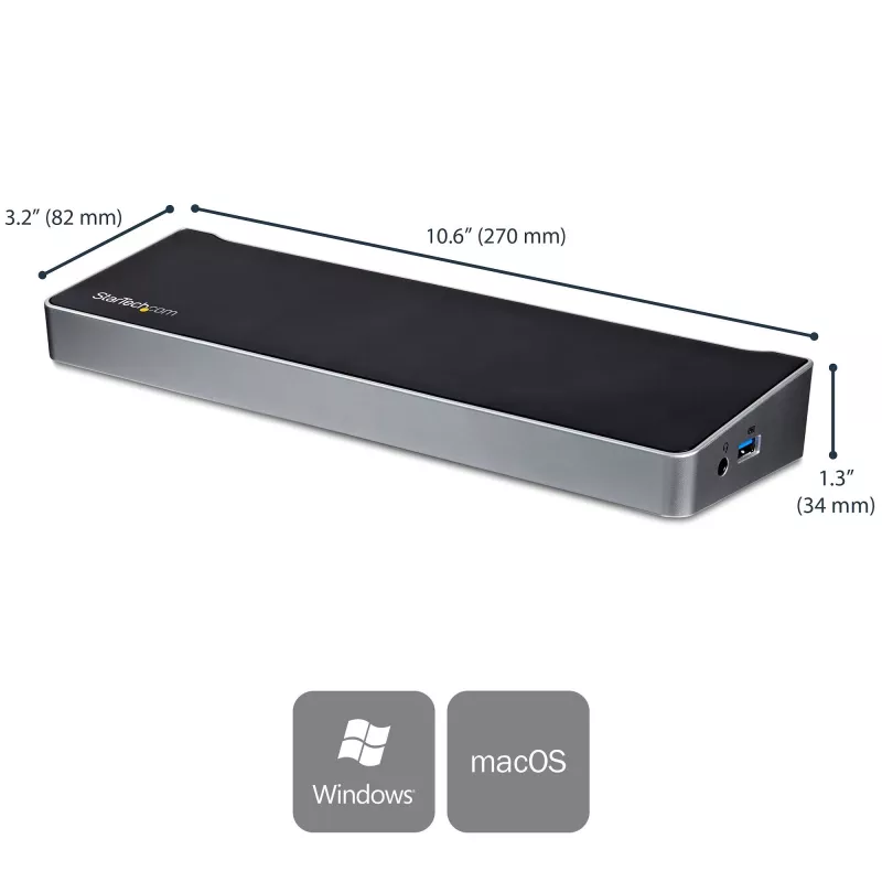 StarTech.com 4K USB-C -telakka, kolmen UHD 4K -näytön telakointiasema, Mac & Windows, USB-C - HDMI & DisplayPort, 60W Power Delivery, 5x USB 5Gbit/s -keskitin – TAA