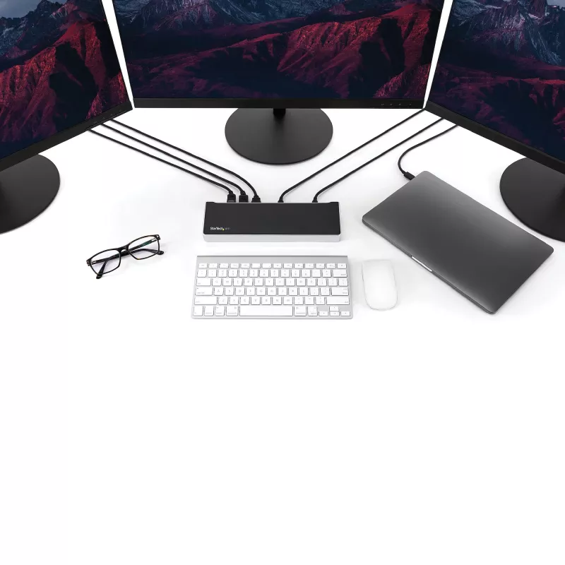 StarTech.com 4K USB-C -telakka, kolmen UHD 4K -näytön telakointiasema, Mac & Windows, USB-C - HDMI & DisplayPort, 60W Power Delivery, 5x USB 5Gbit/s -keskitin – TAA