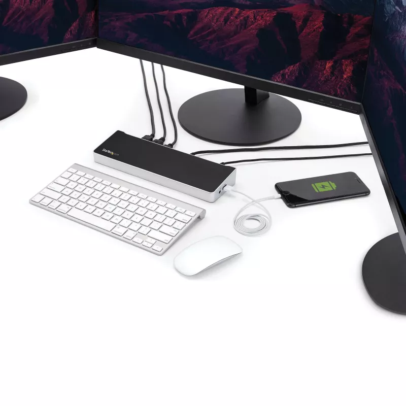 StarTech.com 4K USB-C -telakka, kolmen UHD 4K -näytön telakointiasema, Mac & Windows, USB-C - HDMI & DisplayPort, 60W Power Delivery, 5x USB 5Gbit/s -keskitin – TAA