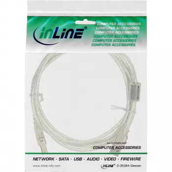 USB 2.0 -kaapeli Type-A pistoke / B pistoke läpinäkyvä ferriittisydän 0,5 m InLine 34505