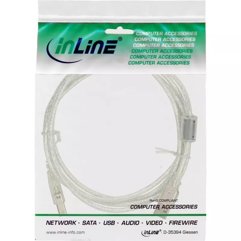 InLine USB 2.0 -kaapeli Type-A pistoke / Type-B pistoke läpinäkyvä, ferriittisydän, 2 m