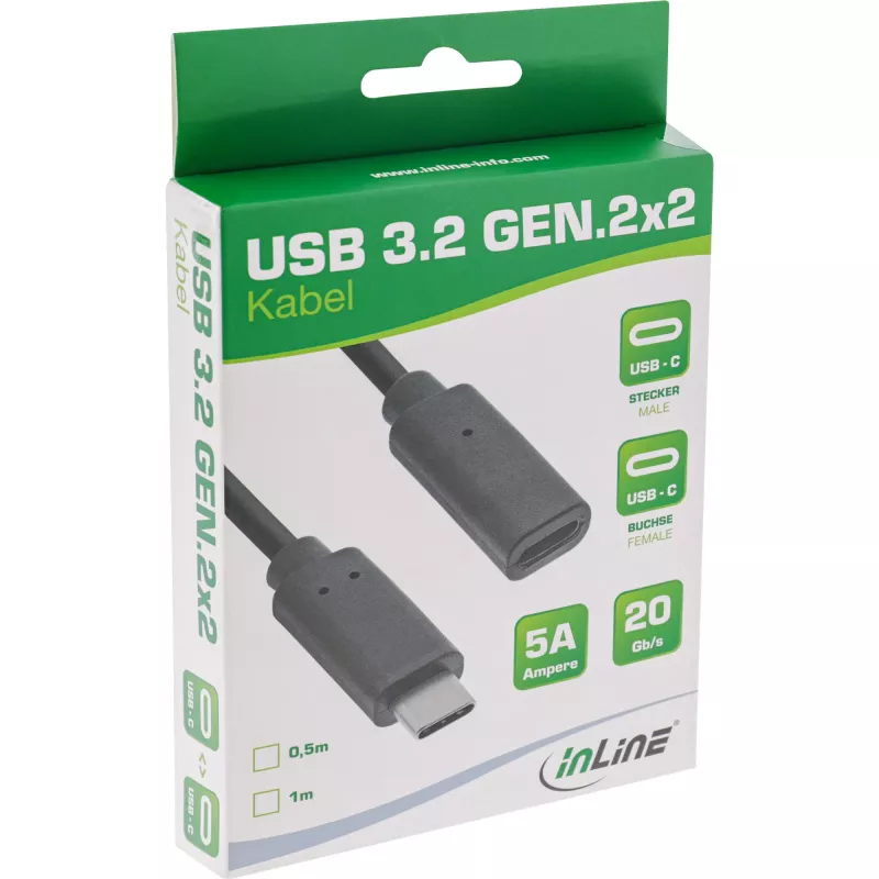 InLine USB 3.2 Gen.2x2 jatkokaapeli, USB-C pistoke/liitin, musta, 0,5 m