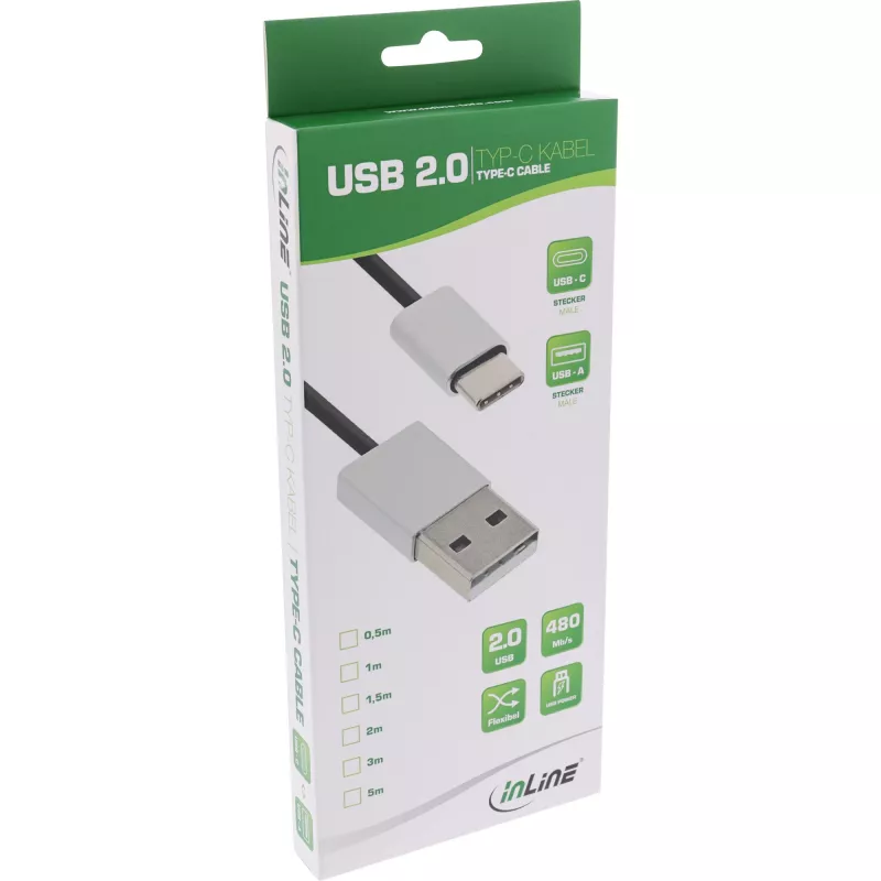 InLine USB 2.0 -kaapeli, USB-C pistoke / USB-A pistoke, musta/alumiini, joustava, 5 m