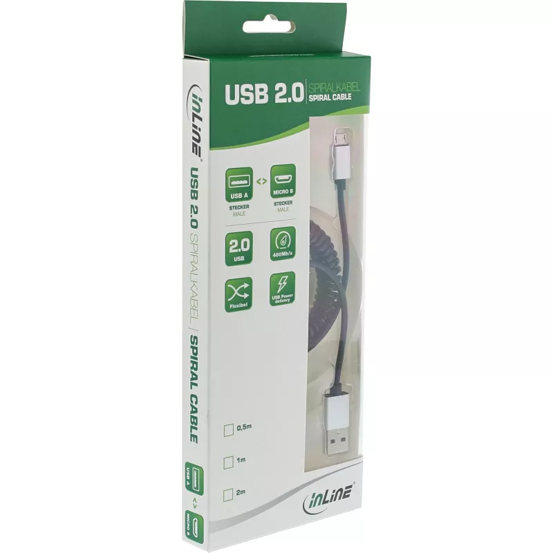 InLine Micro-USB 2.0 spiraalikaapeli, Type-A/Micro-B M/M, musta/alumiini, joustava 3 m