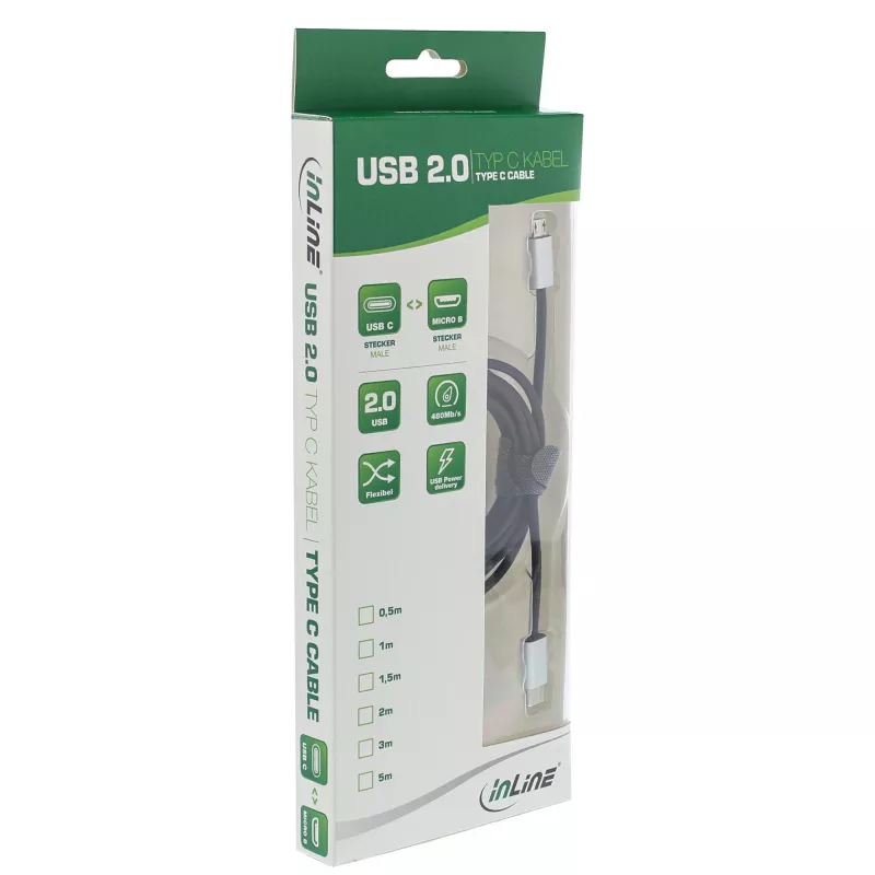 InLine USB 2.0 -kaapeli, USB-C pistoke / Micro-B pistoke, musta/alumiini, joustava, 1,5 m