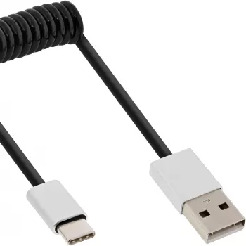 InLine USB 2.0 spiraalikaapeli, USB-C pistoke / USB-A pistoke, musta/alumiini, joustava, 1 m