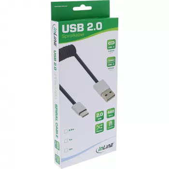 InLine USB 2.0 spiraalikaapeli, USB-C pistoke / USB-A pistoke, musta/alumiini, joustava, 1 m