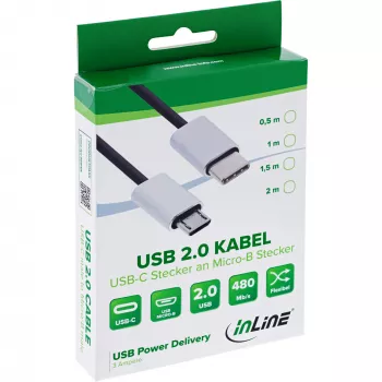 InLine USB 2.0 -kaapeli, USB-C pistoke / Micro-B pistoke, musta/alumiini, joustava, 0,5 m