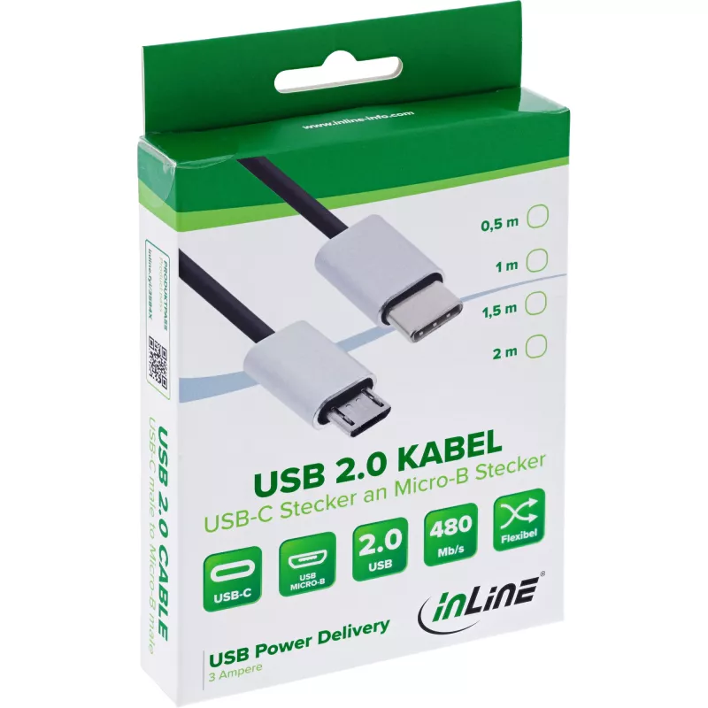 InLine USB 2.0 -kaapeli, USB-C pistoke / Micro-B pistoke, musta/alumiini, joustava, 0,5 m