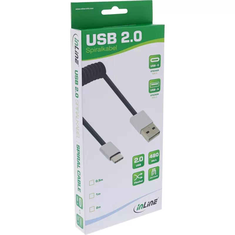 InLine USB 2.0 spiraalikaapeli, USB-C pistoke / USB-A pistoke, musta/alumiini, joustava, 2 m