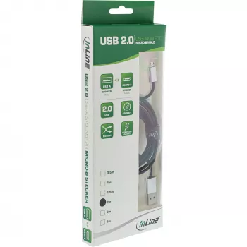 InLine Micro-USB 2.0 -kaapeli, USB Type-A / Micro-B M/M, musta/alumiini, joustava, 1 m
