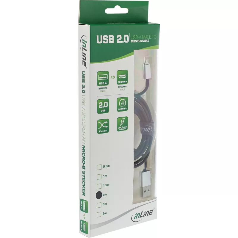 InLine Micro-USB 2.0 -kaapeli, USB Type-A / Micro-B M/M, musta/alumiini, joustava, 3 m