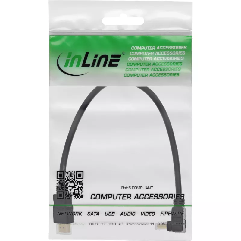 InLine High Speed HDMI-kaapeli Ethernetillä, kulmaliitin, 0,3 m