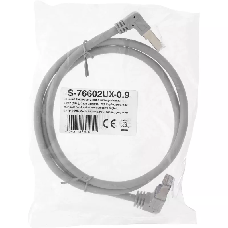 Verkkokaapeli InLine® S-76602U-0.9 kulmaliitin Cat.6 0,9m harmaa