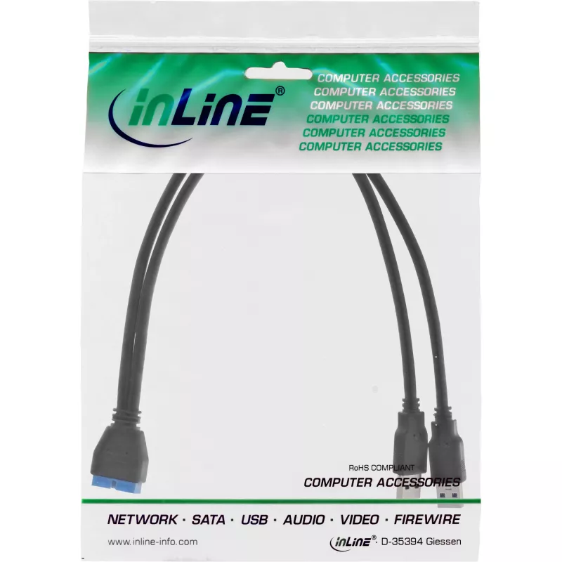 InLine USB 3.0 Premium -adapterikaapeli 2x USB-A uros / emolevyn header, 0,40 m