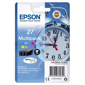 Epson Alarm clock Multipack 3-värinen 27 DURABrite Ultra muste, syaani, magenta, keltainen, pigmentoitu muste, 3,6 ml, 1 kpl, 300 sivua, multipack