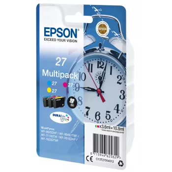 Epson Alarm clock Multipack 3-värinen 27 DURABrite Ultra muste, syaani, magenta, keltainen, pigmentoitu muste, 3,6 ml, 1 kpl, 300 sivua, multipack