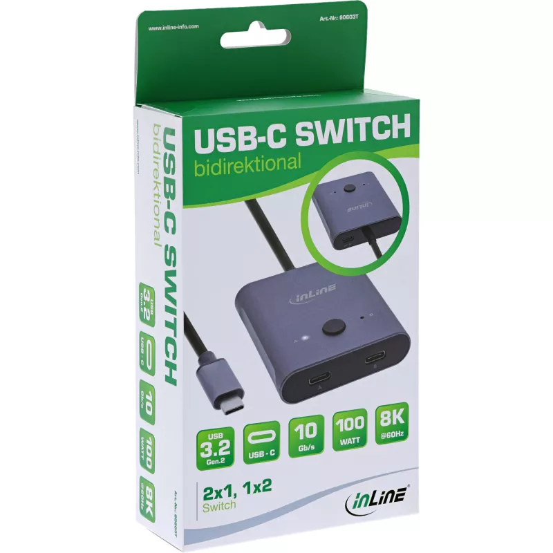 InLine USB-C-kytkin, kaksisuuntainen kytkin, 10 Gb/s, 100 W
