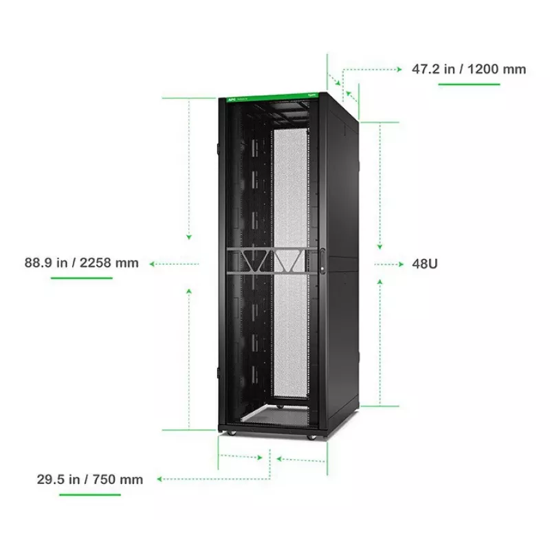 APC NetShelter SX Server Rack Gen 2, 48U, 2258H x 750B x 1200T mm, sivuseinillä, musta