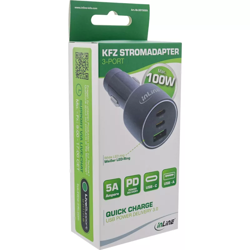 InLine USB-autolaturi Power Delivery, 2x USB-C + QC USB-A, musta