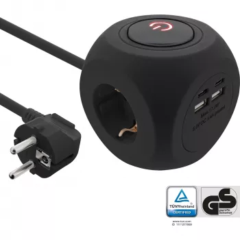InLine Charging Cube InLine 16499B 3x suojakosketin 2x USB-C 2x USB-A musta 2 m