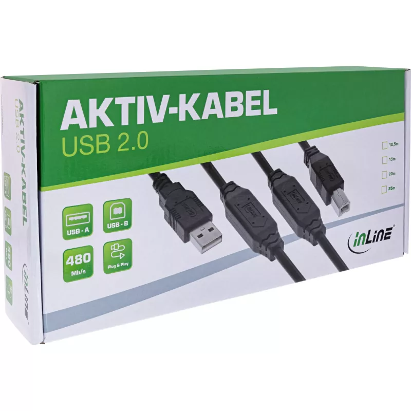 InLine USB 2.0 aktiivinen kaapeli, USB-A uros - USB-B uros, 12,5 m