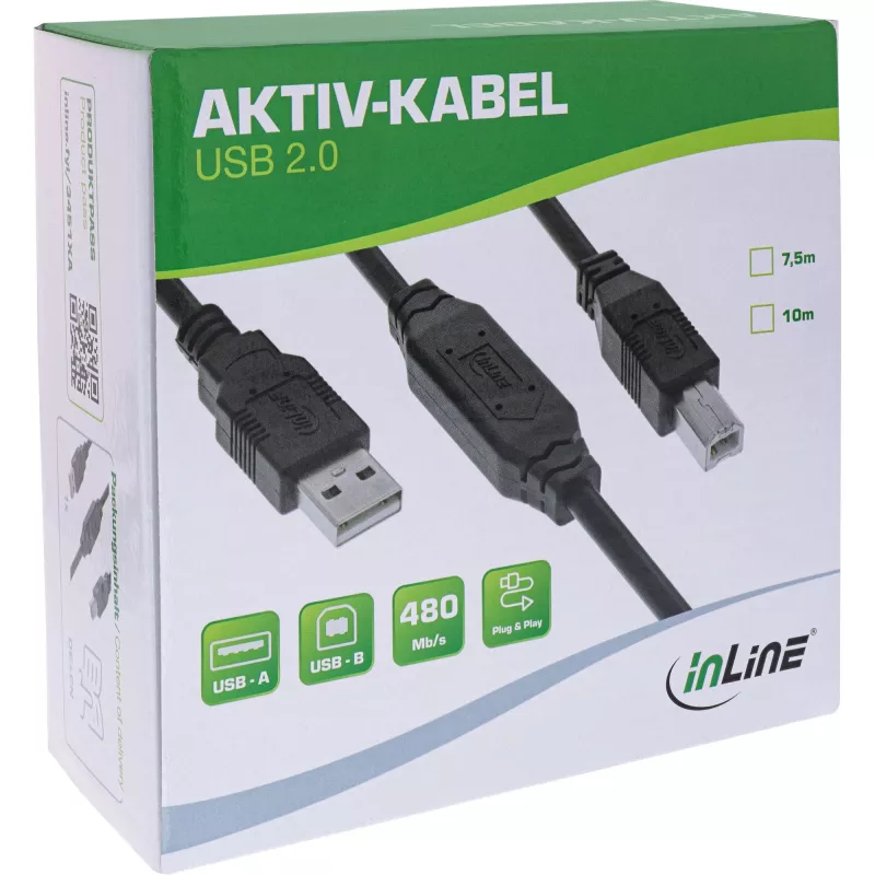 InLine USB 2.0 aktiivinen kaapeli, USB-A uros USB-B uros, 7,5 m