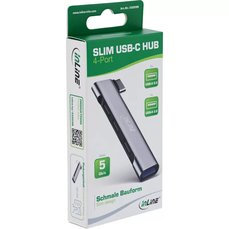 InLine ohut USB-C-keskitin, 4-porttinen, USB 3.0 + 3x USB 2.0, ohut muotoilu