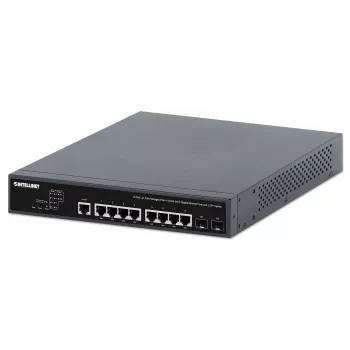 Intellinet 10-porttinen L2+ täysin hallittava PoE++ kytkin, jossa 8 Gigabit Ethernet -porttia ja 2 SFP-uplinkia