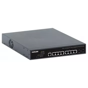 Intellinet 10-porttinen L2+ täysin hallittava PoE++ kytkin, jossa 8 Gigabit Ethernet -porttia ja 2 SFP-uplinkia